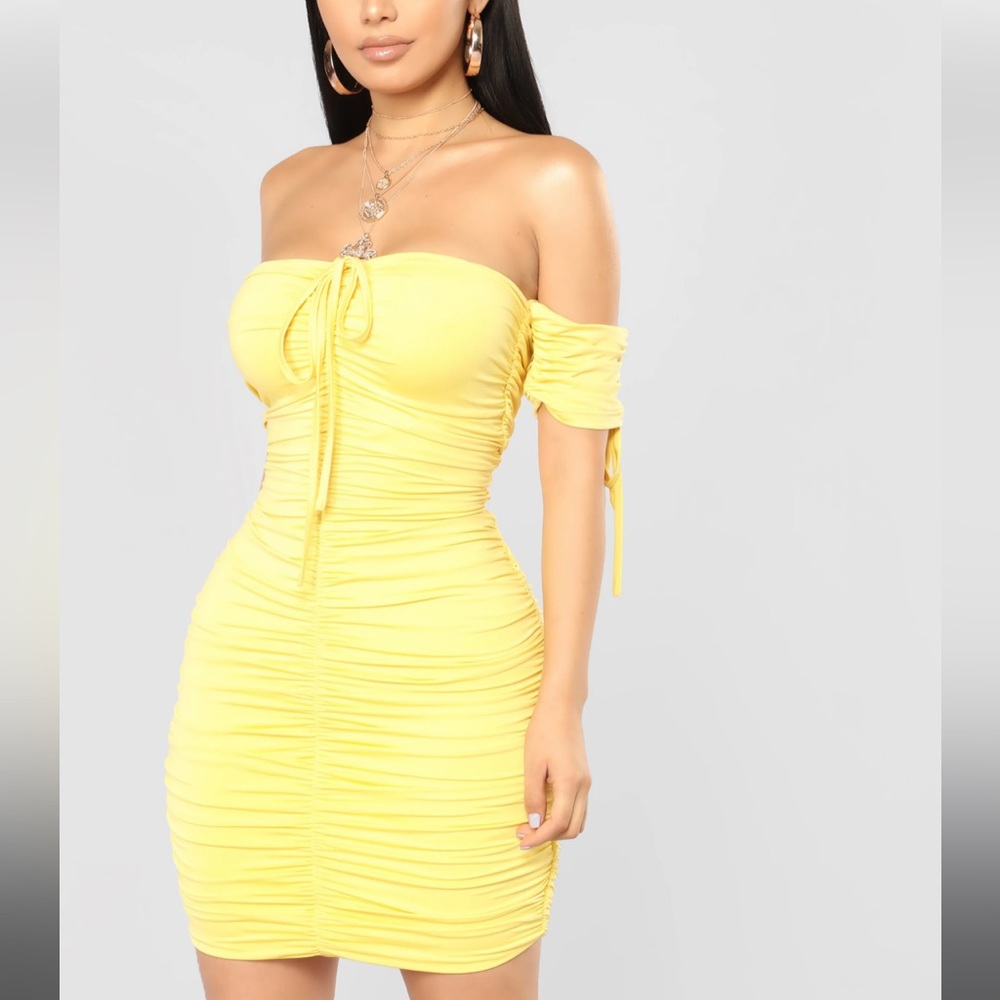 Yellow Ruched Bardot Mini Dress with off shoulder Sleeves